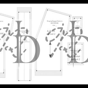 May include: A monochrome bathrobe pattern, featuring the text "RingingDaggerPatterns BATHROBE" and labels for the back, front, pocket, and belt pieces. The pattern includes cutting lines and size details.