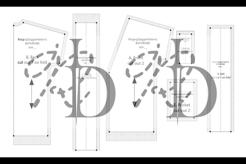 May include: A monochrome bathrobe pattern, featuring the text "RingingDaggerPatterns BATHROBE" and labels for the back, front, pocket, and belt pieces. The pattern includes cutting lines and size details.