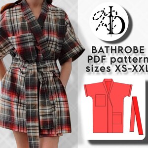 May include: A plaid bathrobe in red, black, white, and brown. The robe has a matching belt and pockets. The image also includes a graphic of a red bathrobe and the text "BATHROBE PDF pattern sizes XS-XXL".