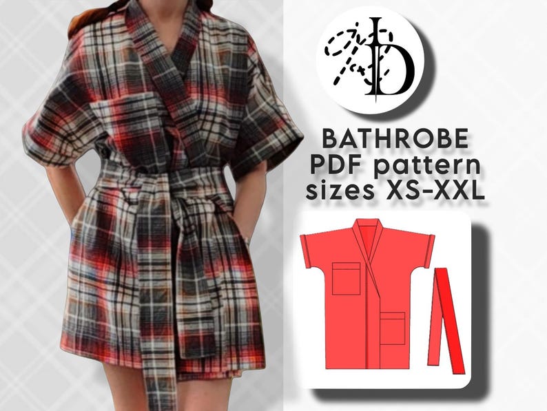 May include: A short-sleeved plaid bathrobe in red, black, white, and brown, with a matching belt and pockets. The image also shows a red bathrobe graphic and the text "BATHROBE PDF pattern sizes XS-XXL".