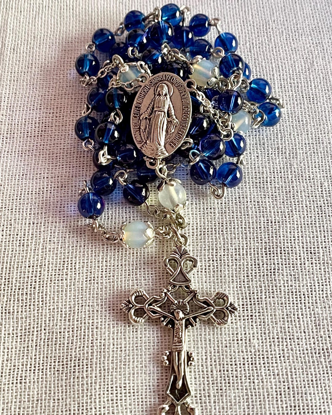 Blue Catholic Pattern Handmade Blue Catholic Rosary | Silver Marian Prayer Beads | Heirloom ...