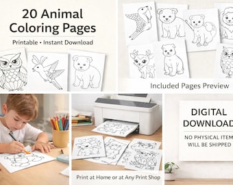 20  Cute Animal Coloring Pages Printable Black Line Art for Kids Instant Download