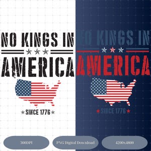 Könnte beinhalten: Ein Grafikdesign mit dem Text NO KINGS IN AMERICA und SINCE 1776 in einer abgenutzten Textur. Das Design enthält eine Karte der Vereinigten Staaten, gefüllt mit dem US-Flaggenmuster, Sternen und horizontalen Linien in Schwarz, Weiß, Rot und Blau.