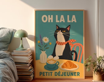 Danish Pastel Oh La La Tuxedo Cat Poster, French Petit Dejeuner Coffee Wall Art, Cute Black and White Cat Croissant Print, Kitchen Decor