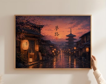 Pôster de rua de Kyoto, Japão, arte de parede do pôr do sol na Pagoda Yasaka, pintura aconchegante de lanterna ao entardecer, decoração de paisagem estética japonesa.