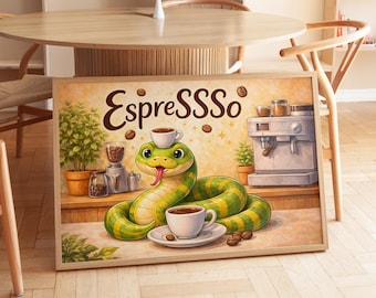 Lustige Schlange Kaffee Poster | Espresso Wortwitz Wandbild | Geschenk Kaffeeliebhaber | Funny Snake Wall Art | Coffee Bar Decor | Retro Art