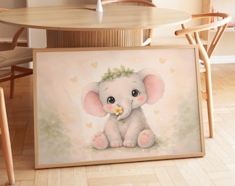 Baixe pôster de elefante bebê para quarto de bebê | Ilustração fofa de animal com flores | Imprimível para quarto de bebê menina | Delicado