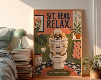 Sit Read Relax Typography Poster, Funny Poodle Dog on Toilet Wall Art, Daily Bark Newspaper Bathroom Print, Terracotta Sage Green Decor