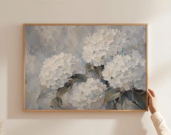 Digital Download White Hydrangea Art, Impasto Floral Printable, Palette Knife Flower Painting Print File, Soft Pastel Decor