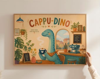 Dopamine Decor Cute Dinosaur Poster, Cappuccino Dino Coffee Lover Gift, Colorful Aesthetic Room Wall Decor, Funny Cafe Restaurant Art