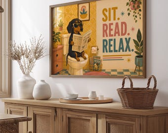 Digital Download Sit Read Relax Dachshund, Funny Dog on Toilet Printable, Retro 70s Bathroom Print File, Horizontal Wall Art
