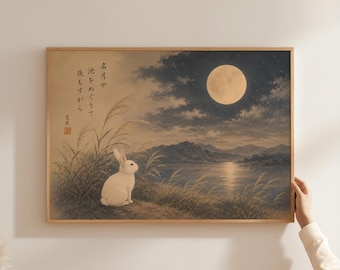 Pôster vintage japonês de coelho da lua, arte de parede tradicional Tsukimi de lua cheia, estampa fofa de coelho branco, decoração de caligrafia asiática