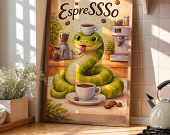Lustige Schlange Kaffee Download | Espresso Wortwitz Printable | Gift for Coffee Lovers | Snake Wall Art | Digital Print | Kitchen Decor DIY