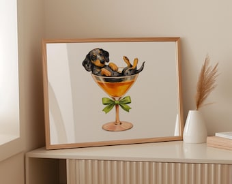 Ilustração de pôster de Dachshund | Dachshund engraçado em uma taça de coquetel | Arte de parede decorativa moderna e bem-humorada com cachorro