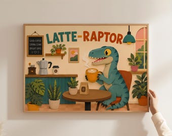 Danish Pastel Latte-Raptor Typography Poster, Cute Blue Dinosaur Coffee Wall Art, Whimsical Cafe Illustration Print, Dopamine Decor
