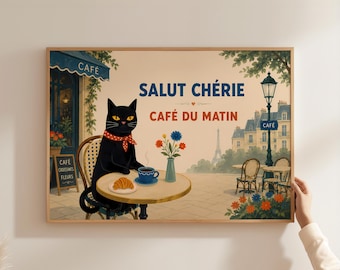 Danish Pastel Salut Cherie Black Cat Poster, French Cafe du Matin Coffee Wall Art, Parisian Croissant Illustration Print, Dopamine Decor