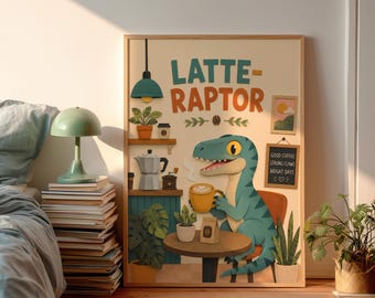 Danish Pastel Latte-Raptor Typography Poster, Cute Blue Dinosaur Coffee Wall Art, Whimsical Cafe Illustration Print, Dopamine Decor
