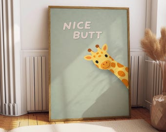 Pôster de Girafa - Arte de Parede Divertida com Animais | Ilustração Minimalista com o Jogo de Palavras "Que Bunda Bonita" | Decoração de Parede Moderna e Bem-Humorada