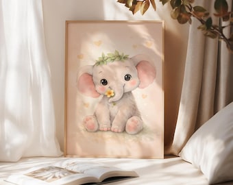 Baixe pôster de elefante bebê para quarto de bebê | Ilustração fofa de animal com flores | Imprimível para quarto de bebê menina | Delicado