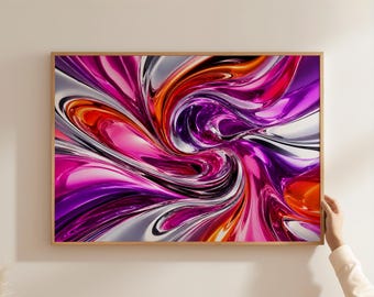 Horizontal Magenta Pink Liquid Metal Poster, Abstract Fluid Chrome Wall Art, Colorful Purple Orange Swirl Print, Dopamine Decor