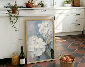 Textured White Hydrangea Painting Poster, Impasto Floral Wall Art, Palette Knife Flower Print, Soft Blue Grey Cottage Decor