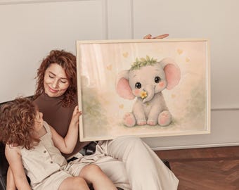 Pôster de Elefante Bebê para Decoração de Quarto Infantil | Ilustração Fofa de Animal com Flores | Decoração Moderna e Delicada para Quarto de Menina