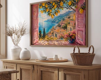 Printable Mediterranean Window Lemon Wall Art, Italy Amalfi Coast Digital Download, Coastal Landscape Watercolor, Summer Sea View File