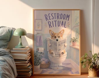 Funny Corgi on Toilet Poster, Restroom Ritual Typography Wall Art, Cute Lavender Bathroom Print, Dog Reading Newspaper Decor