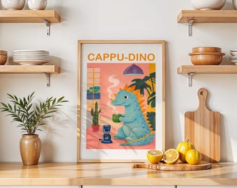 Cappu-Dino Download Lustig | Süßer Dinosaurier Kaffee Printable | Coffee Lover Gift | Kitchen Wall Art | Digital Print Kinderzimmer Deko