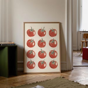 Digital Download Retro Tomato Print, Vintage Kitchen Printable Wall Art, Linocut Vegetable Pattern File, Food Poster