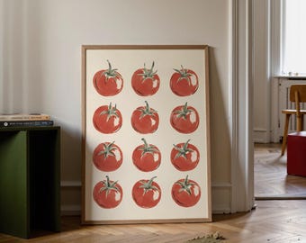 Digital Download Retro Tomato Print, Vintage Kitchen Printable Wall Art, Linocut Vegetable Pattern File, Food Poster