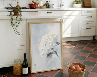 Soft Watercolor White Hydrangea Poster, Elegant Botanical Floral Wall Art, Cottagecore Flower Painting Print