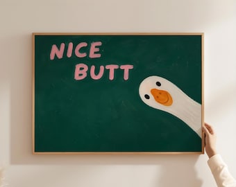 Digital Download Funny Goose Nice Butt, Horizontal Whimsical Bathroom Art, Landscape Quirky Goose Print File, Green Pink Decor