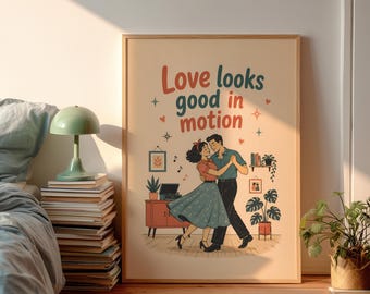 Quadro decorativo de meados do século XX com tema de casais apaixonados, toca-discos e parede para apartamento. Presente fofo de Dia dos Namorados ou aniversário para namorado.
