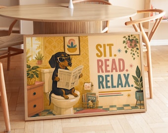 Sit Read Relax Typography Poster, Funny Dachshund Dog on Toilet Wall Art, Retro 70s Bathroom Print, Horizontal Wiener Dog Decor
