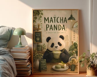 Danish Pastel Matcha Panda Typography Poster, Cute Bear Green Tea Wall Art, Whimsical Cafe Illustration Print, Sage Green Decor