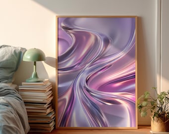 Liquid Chrome Poster, Holographic Wall Art, 3D Fluid Abstract Print, Pastel Purple Lavender Metallic Wall Decor, Modern Aesthetic Room Decor