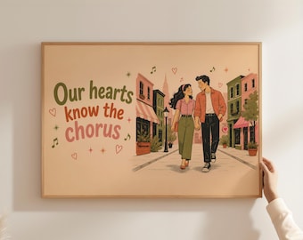 Pôster tipográfico retrô romântico, estampa "Our Hearts Know The Chorus", arte de parede vintage para casais, ilustração de amor descolado