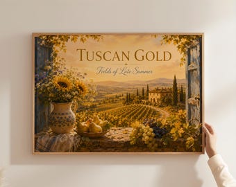 Stampa su poster per finestra Italia, arte murale Toscana dorata, paesaggio italiano vintage, decorazione cucina con girasoli, accogliente stampa della campagna toscana