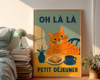 Danish Pastel Oh La La Ginger Cat Poster, French Petit Dejeuner Coffee Wall Art, Cute Orange Tabby Toast Print, Kitchen Decor
