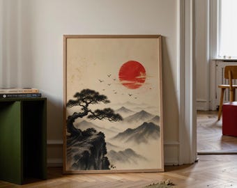 Printable Japanese Poster Bonsai Tree, Digital Download Rising Sun Wall Art, Vintage Asian Landscape File, Japandi Zen Mountain Print