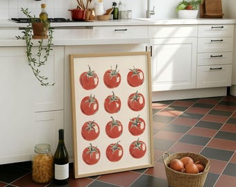 Retro Tomato Pattern Block Print Poster, Vintage Kitchen Wall Art, Linocut Vegetable Illustration, Mid Century Food Decor