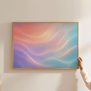 Könnte beinhalten: Ein rechteckiges Wandbild in einem hellen Holzrahmen mit einem abstrakten Farbverlauf aus fließenden Wellen in Orange, Pink, Lila und Blau. In der Mitte des Bildes befindet sich der Text "Drift Into Calm Serenity" in einer kleinen, hellen Schrift.