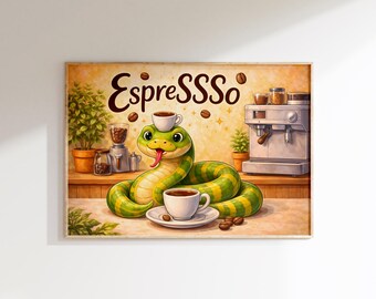 Lustige Schlange Kaffee Download | Espresso Wortwitz Printable | Gift for Coffee Lovers | Snake Wall Art | Digital Print | Kitchen Decor DIY