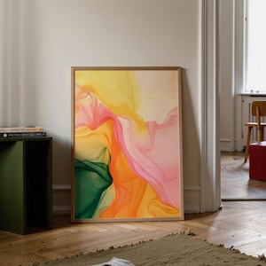 Digital Download Abstract Fluid Ink Art, Vibrant Pink Orange Printable, Emerald Green Flowing Waves Print File, Colorful Poster