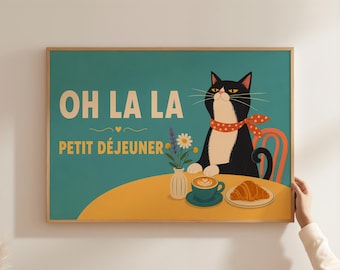 Danish Pastel Oh La La Tuxedo Cat Poster, French Petit Dejeuner Coffee Wall Art, Cute Black and White Cat Croissant Print, Kitchen Decor