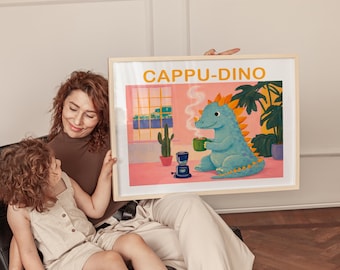 Cappu-Dino Poster Lustig | Süßer Dinosaurier Kaffee Wandbild | Geschenk für Kaffeeliebhaber | Küche Deko Illustration | Kinderzimmer Kunst