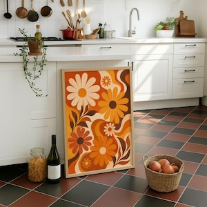 70-tals retro blommig prästkrageposter, groovy vågig virvelväggkonst, terrakotta orange vintageblomtryck, mitten av århundradet boho dekor