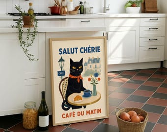 Download digital Salut Cherie Black Cat, French Cafe du Matin para impressão, arquivo de impressão do croissant de café parisiense