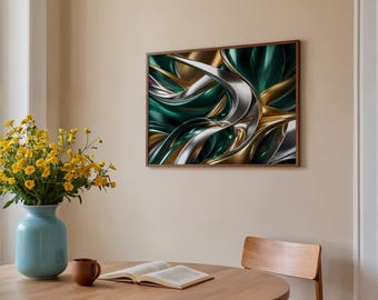 Horizontal Emerald Green Gold Abstract Poster, Luxury Fluid Liquid Metal Wall Art, Metallic Chrome Swirl Landscape Print